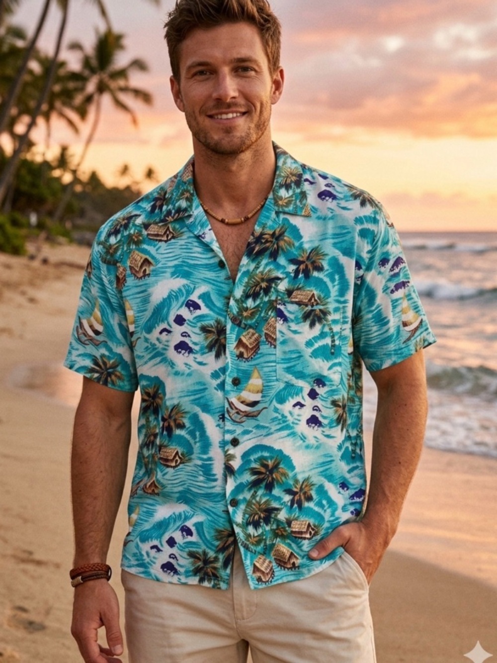 Men's Pineapple Connection  Teal Tropical Print Short-Sleeve Button-Down Shirt‎